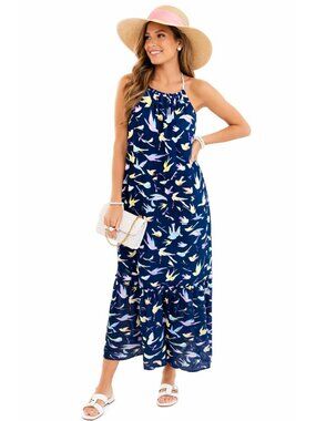 Chelsea & Violet Navy Bird Print Maxi Semi Sheer Halter Open Back Tassel Dress